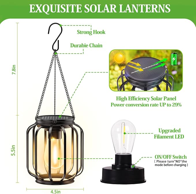 Solar Hanging Lanterns Outdoor: 2 Pack Metal Solar Hanging Lights - Image 4