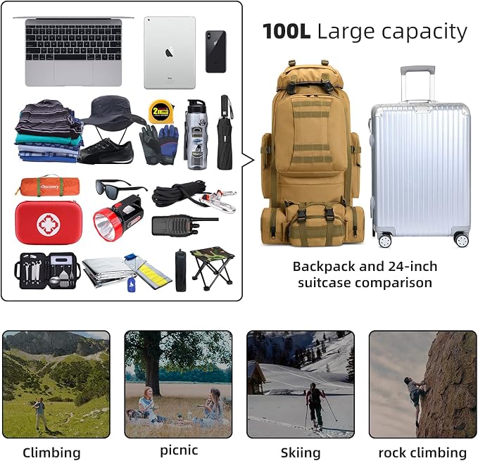 100L Camping Hiking Backpack, Molle military Tactical rucksack backpack - Image 6
