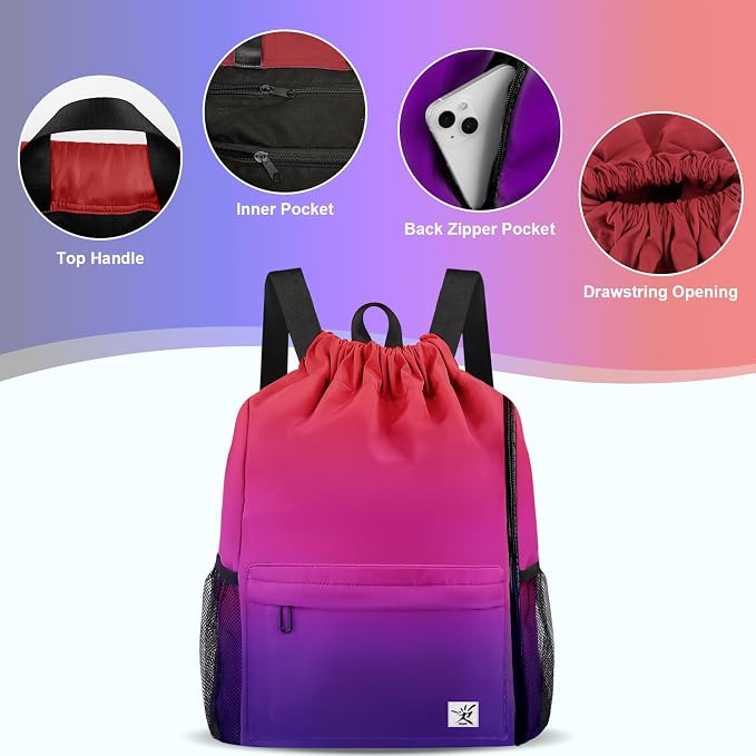 Drawstring Backpack with Mesh Pockets String Gym Bag Sackpack Sandproof Water - Image 4