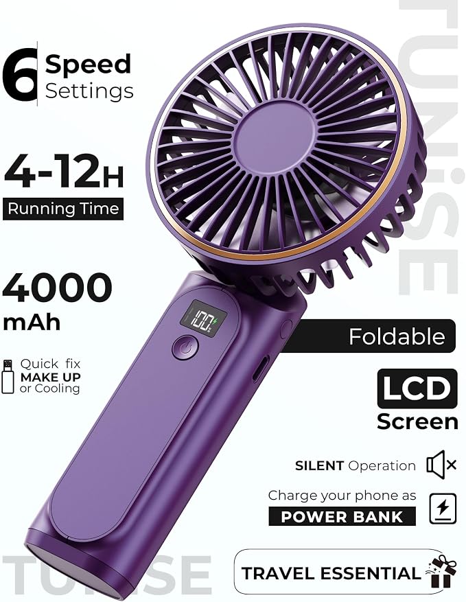 TUNISE Portable Handheld Fan, 180 Adjustable, 6 Speed Wind, USB Rechargeable - Image 2