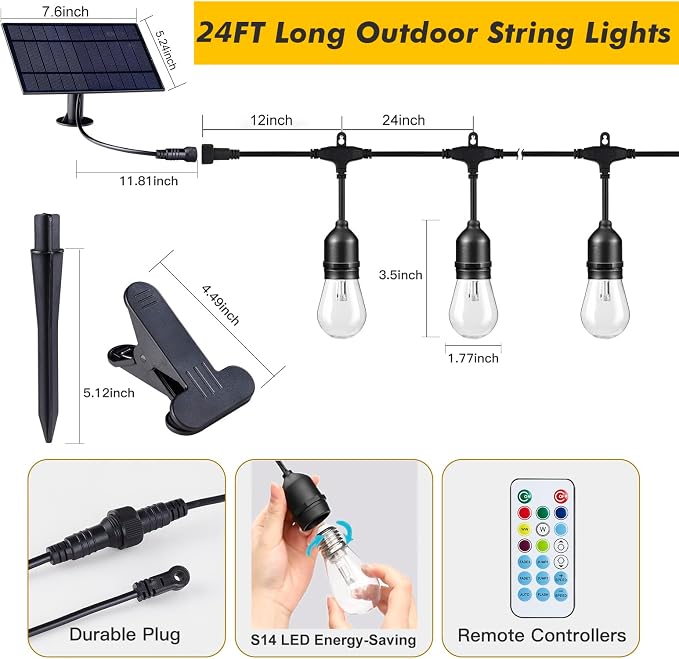 Auroraworld 24FT RGB Outdoor String Lights, Dimmable Color Changing Waterproof - Image 2