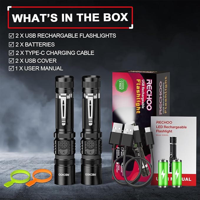 RECHOO Flashlights USB Rechargeable 2 Pack Double Switch S3000L LED Tactical - Image 7