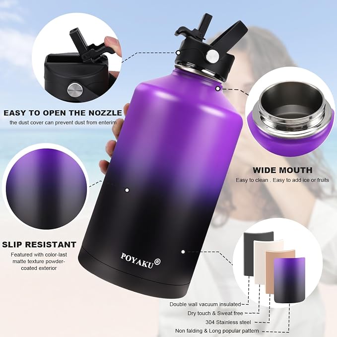 Water Bottle Insulated 32oz 40oz 64oz 128oz Straw Lid Spout Lid & 3 Lids - Image 5