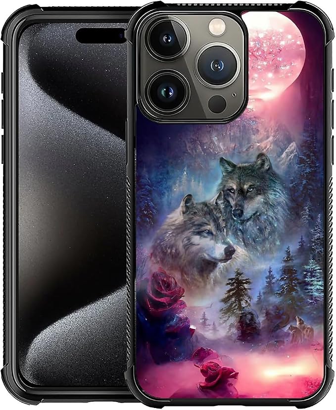 for iPhone 16 Pro Case, Star Two Wolfs Howling Pattern Graphic Design Girl Boy by FKBRCL4U