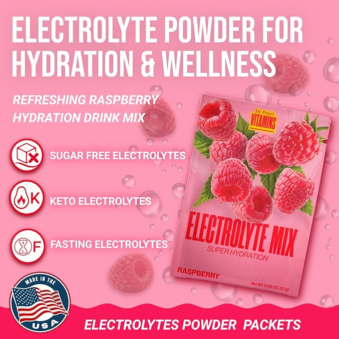 Dr. Price’s Electrolytes Powder Packets – Raspberry, 60 Packets | Sugar Free - Image 3