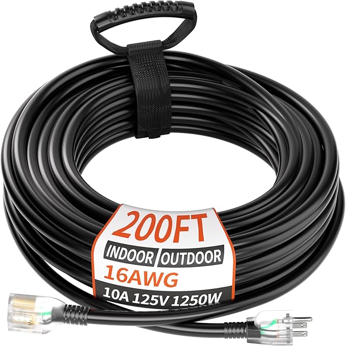 PlugSaf 16/3 Gauge 200 ft Extension Cord Outdoor Black Waterproof, Cold by PlugSaf