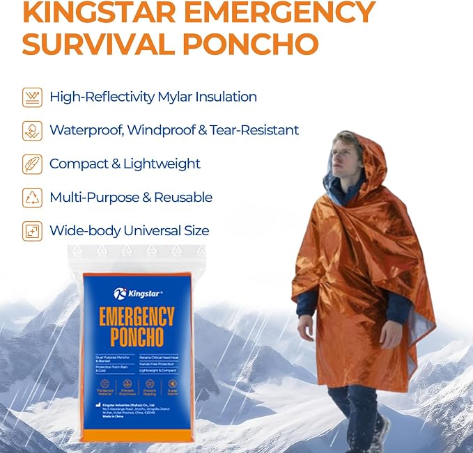 K Kingstar 2 Pack Emergency Mylar Poncho, Waterproof Rain Ponchos, Reusable - Image 2