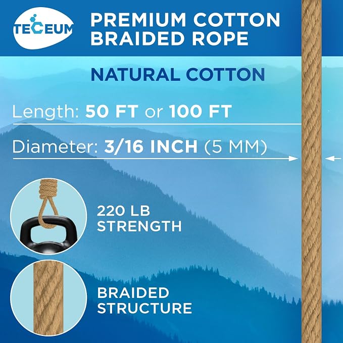 TECEUM Cotton Rope 3/16” – 50 FT – Strong All-Purpose Braided Rope – Natural - Image 2