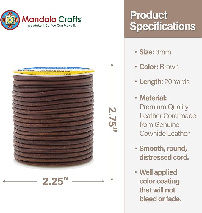 Mandala Crafts Round Genuine Distressed Brown Leather Cord - Image 4