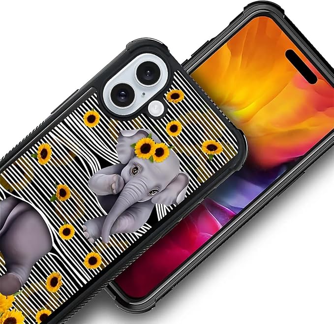 for iPhone 16 Plus Case, Cute Little Elephant Sunflower White Line Art Pattern - Image 3
