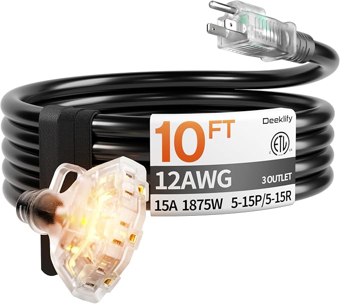 10 ft 12 Gauge 3 Outlet Extension Cord Splitter by Deeklify