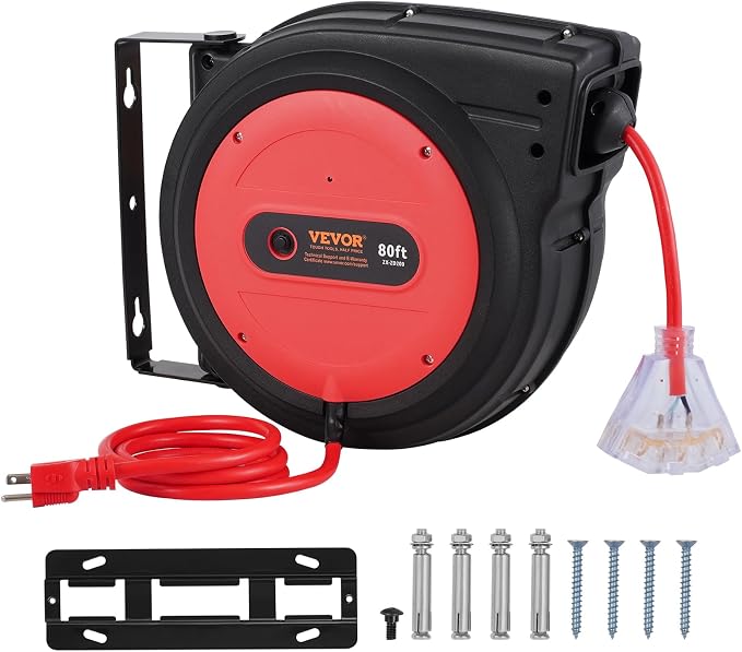 VEVOR 80FT Retractable Extension Cord Reel, 12AWG/3C SJTOW Heavy Duty Power - Image 9