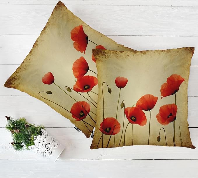 Swono Poppies Throw Pillow Cases, Grunge Poppy Flower Field Set of 2 Decorative - Image 5