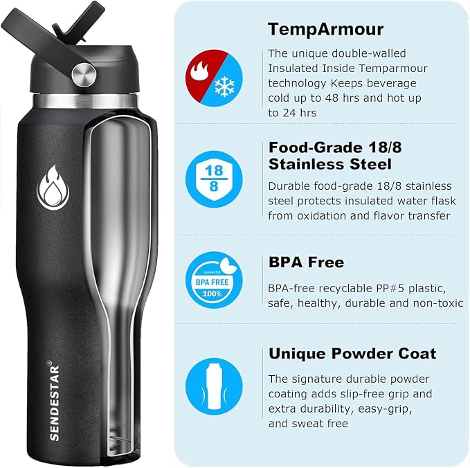 SENDESTAR 40oz Stainless Steel Water Bottle, Double Wall Vacuum Insulated Bottle - Image 2