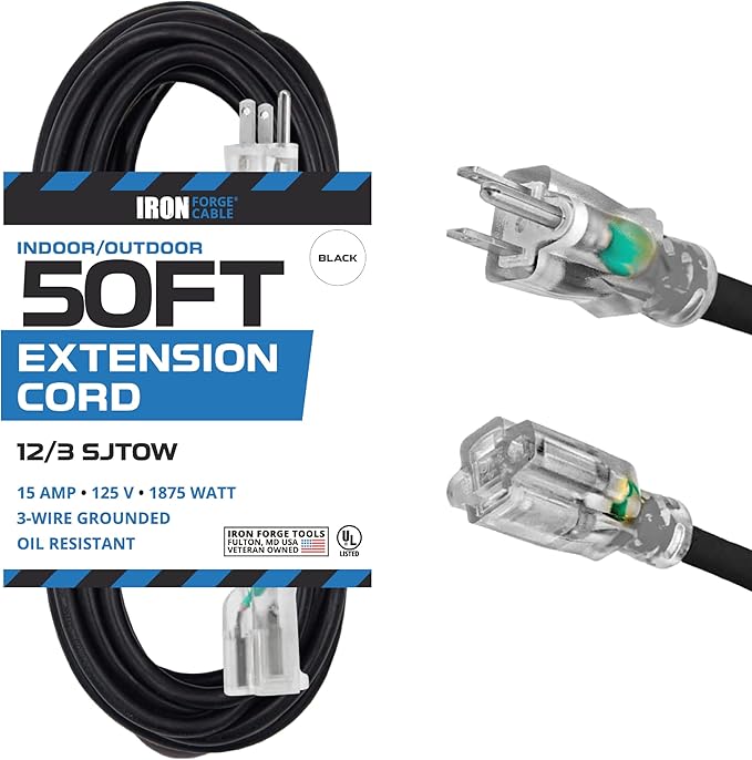 Iron Forge Cable Oil Resistant 12 Gauge Extension Cord 50 ft, 12/3 SJTOW 50 by IronForgeCable