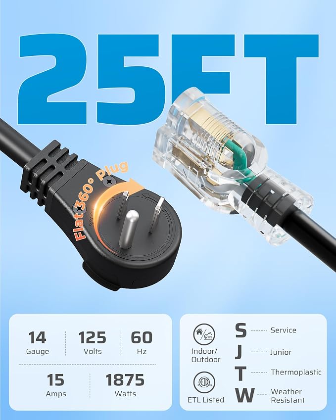 DEWENWILS 360° Rotating Flat Plug Extension Cord, 25FT Black Extension Cord - Image 2