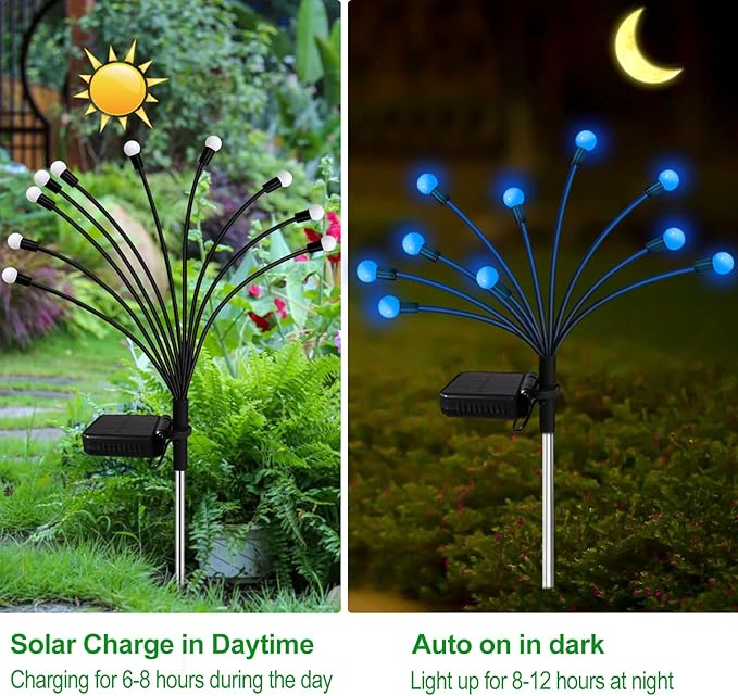Kohlrabi Solar Garden Lights Outdoor, 2 Pack 16 LED Solar Blue Firefly Lights - Image 3