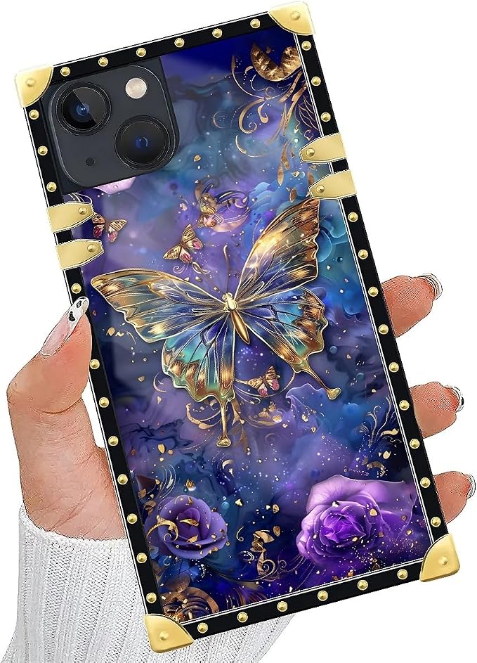 Compatible with iPhone 14 Case, Glistening Golden Butterfly Vibrant Purple Blue - Image 5