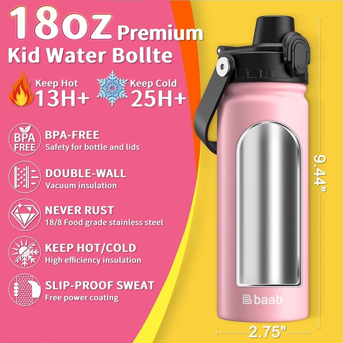 baab 18oz Kids Water Bottle, Insulated Kids Water Bottle - Image 2