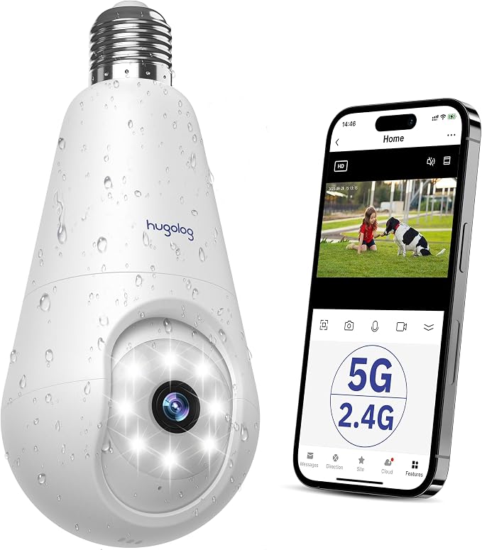 Hugolog 2K 3MP Light Bulb Security Camera 5G& 2.4GHz WiFi, 360° Wireless by Hugolog