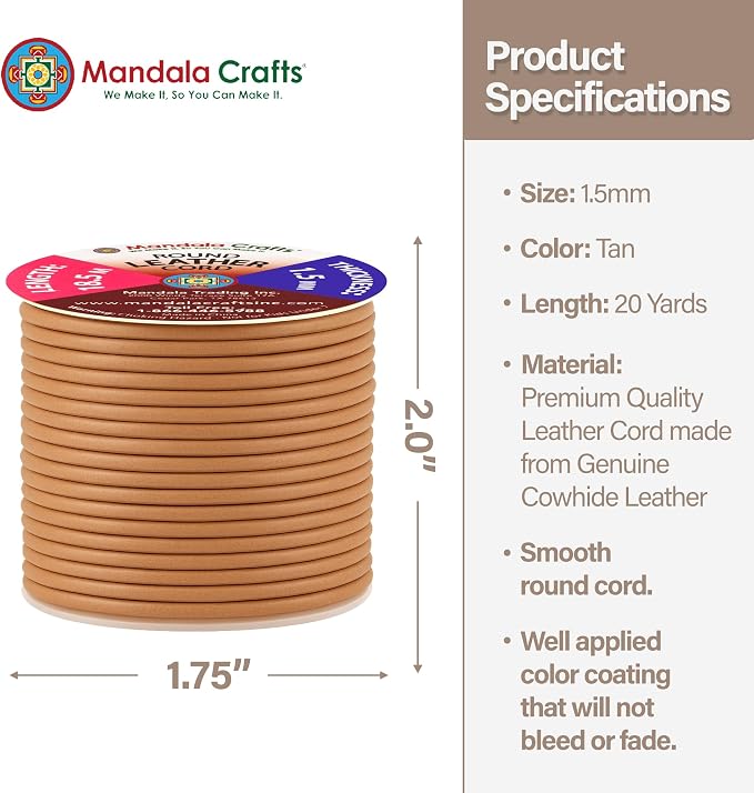 Mandala Crafts Round Genuine Tan Leather Cord - Image 4