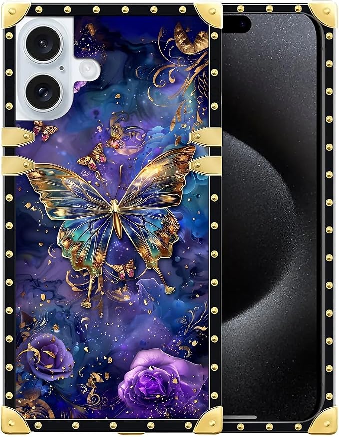 Compatible with iPhone 16 Case, Glistening Golden Butterfly Vibrant Purple Blue by Unknown