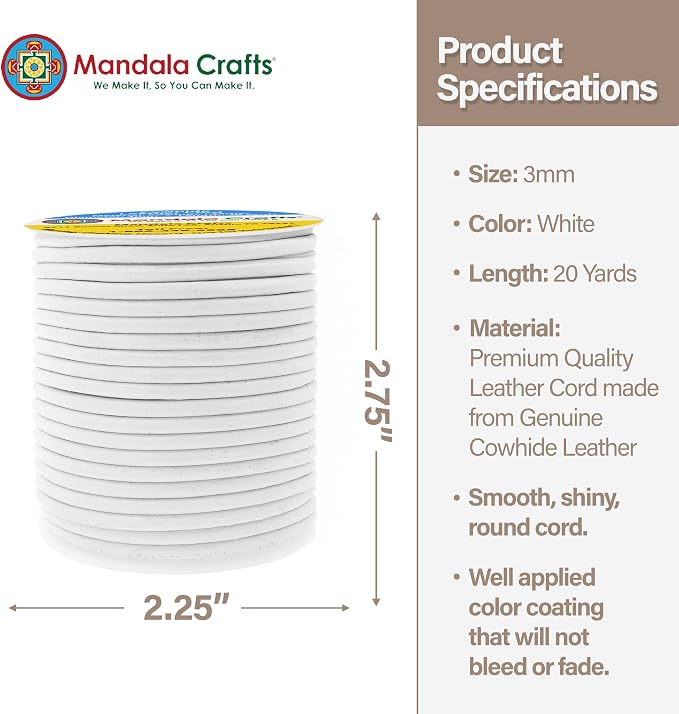 Mandala Crafts Round Cowhide Genuine White Leather Cord - Image 4