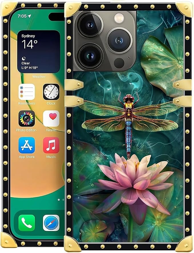 Compatible with iPhone 14 Pro Max Case, Colourful Dragonfly Pink Lily Pads by Unknown