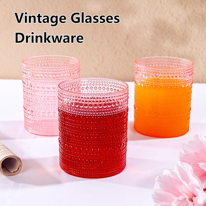 YOUBET 24PCS Plastic Drinking Glasses - 14OZ Pink Hobnail Drinkware Glasses - - Image 5
