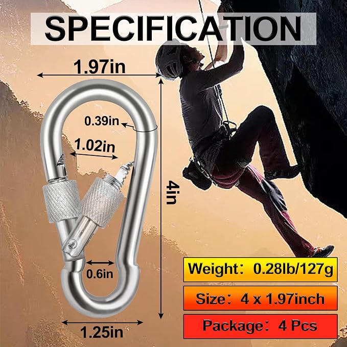 Locking Carabiner Clips, Stainless Steel Spring Snap Hook Locking Carabiner - Image 3