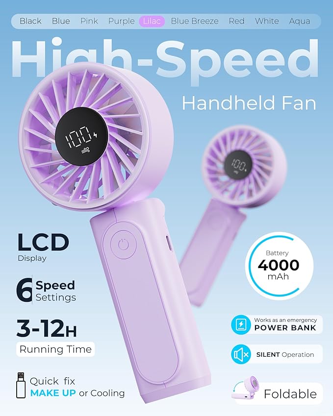 Peiyuu Portable Fan, 4000mAh USB Rechargeable, 180° Foldable Mini Desk Fan - Image 2