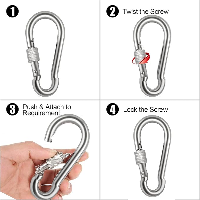 Locking Carabiner Clips, Stainless Steel Spring Snap Hook Locking Carabiner - Image 5