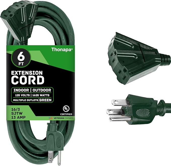 Thonapa Weatherproof Green Extension Cord 6 ft 3 Outlets, 16/3 SJTW Outdoor by Thonapa