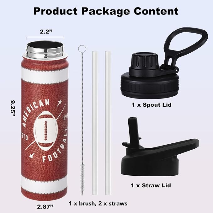 Football Water Bottle, 24 oz Insulated Stainless Steel Sports Bottle - Image 5