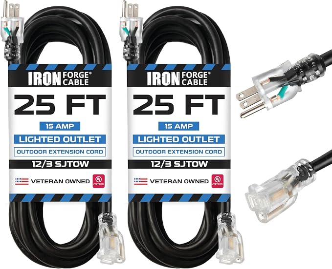Iron Forge Cable 2 Pack 12 Gauge Outdoor Extension Cord 25 Ft, SJTOW 12/3 Heavy by IronForgeCable