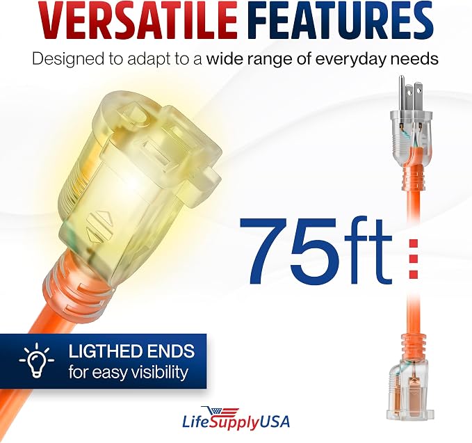75ft Outdoor/Indoor Extension Cord 16/3 Gauge Heavy Duty 3 Prong SJTW, - Image 6