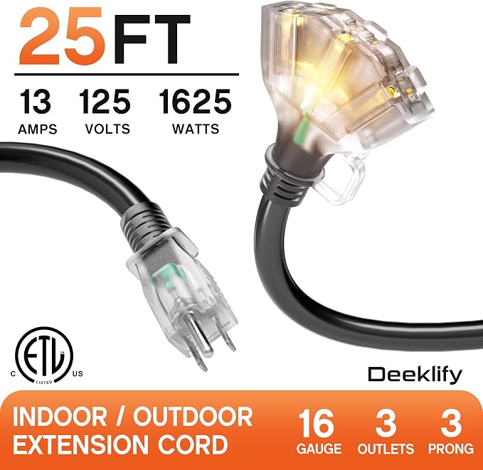 25 ft 16/3 awg 3 Outlet Extension Cord Splitter - Image 2