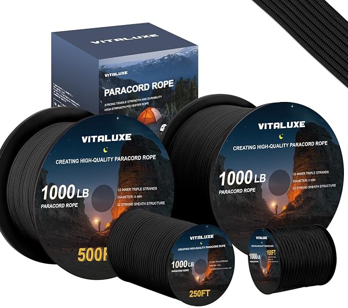 1000lb Paracord Rope, 4mm 12 Triple Strands Paracord, Heavy Duty Tactical by VITALUXE