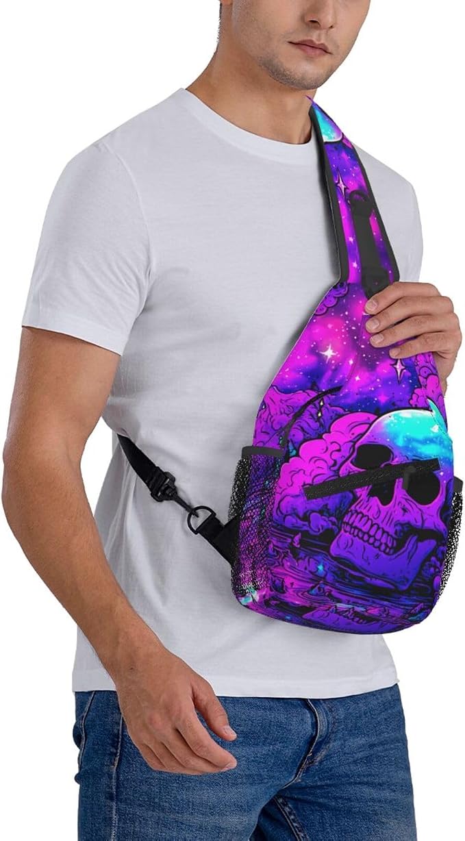 Trippy Skull Sling Bag Crossbody Travel Hiking Chest Backpack Shoulder Daypack - Image 8