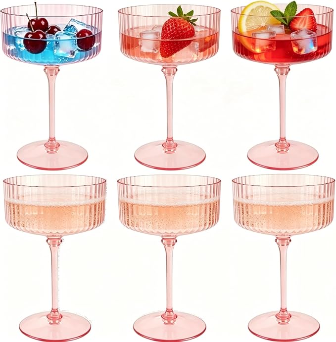 PLULON 6 Pcs Pink Champagne Martini Glasses Set 10 Oz Plastic Ribbed Coupe Cup by PLULON