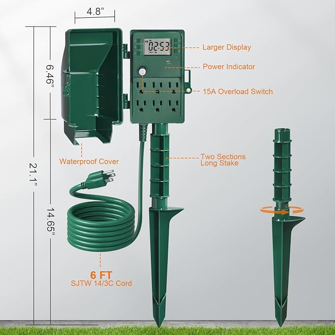 SURAIELEC Outdoor Power Stake, 7-Day Programmable Digital Timer, Power Strip - Image 7