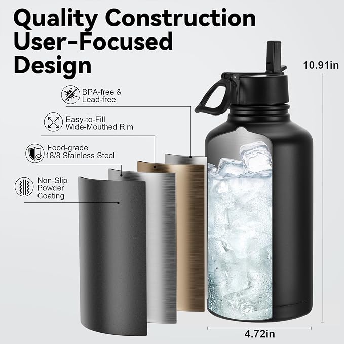 KXIAOCHEN Insulated Water Bottle, Stainless Steel Water Bottle, 2 Lids - Image 5