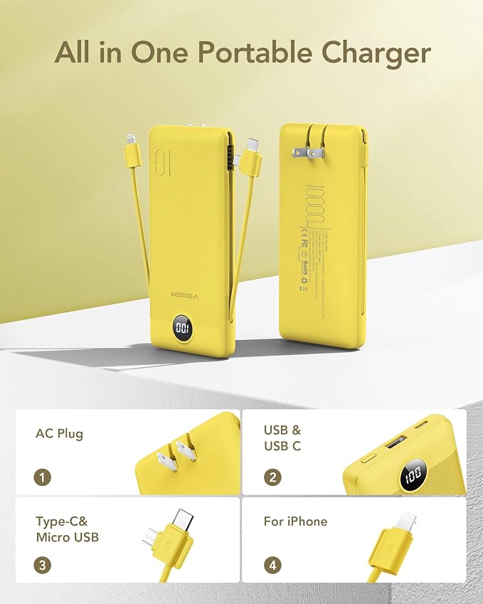 VEGER Portable Charger with Built-in AC Plug and Cables, All in One 10000mAh - Image 2