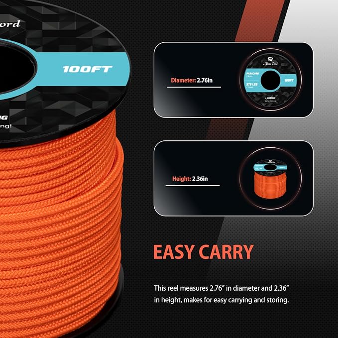 Abma Cord 2.4mm Paracord 275 100ft Nylon Rope 4 Strands Tactical Parachute Cord - Image 2