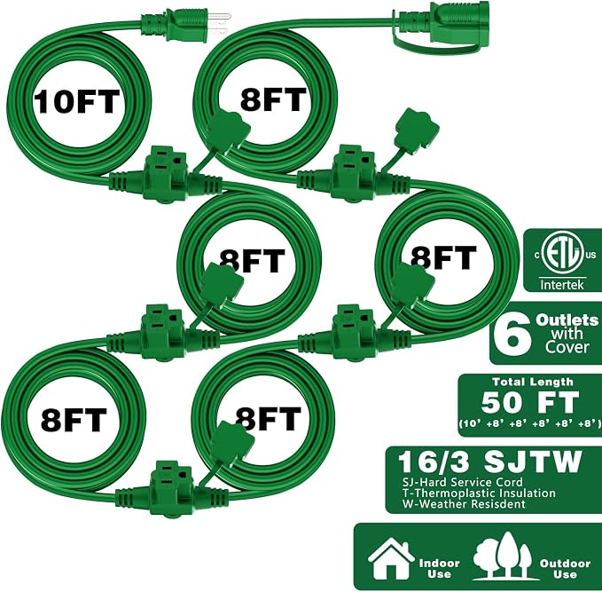 K KASONIC - Outdoor Extension Cord 50 FT, Evenly Spaced 6 Outlets Plugs - Image 2