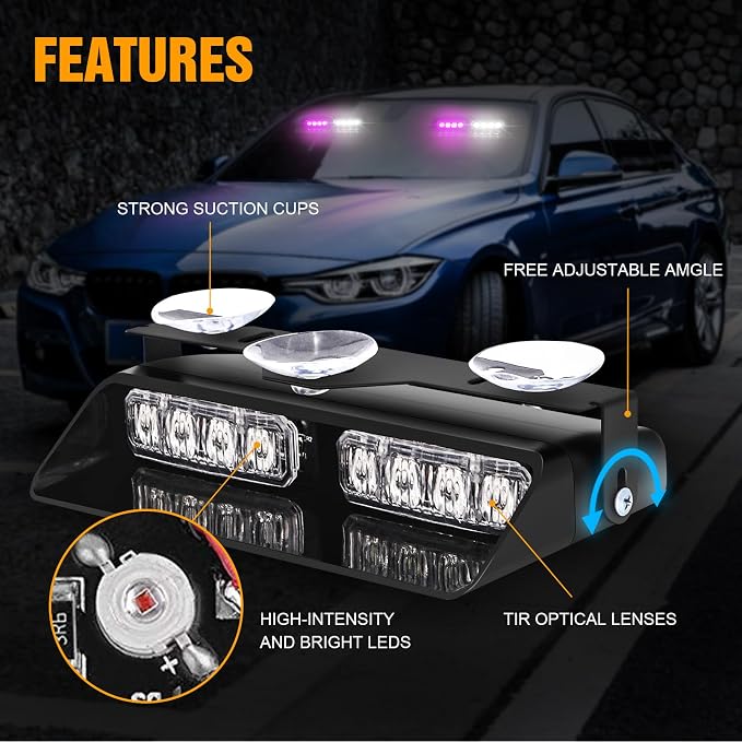 XRIDONSEN 2 in 1 Emergency Dash Strobe Lights Purple White Interior Front/Rear - Image 3