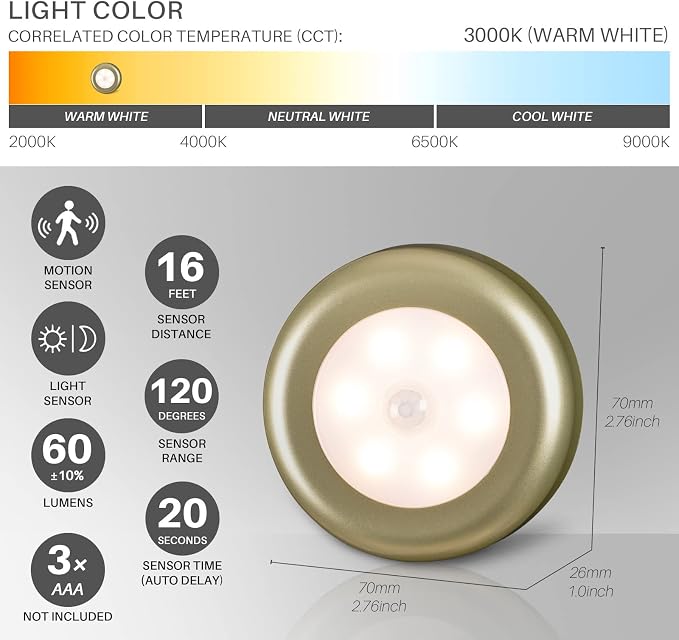 STAR-SPANGLED 3 Pack 2.8” Motion Sensor Lights Indoor AAA Battery Operated - Image 4
