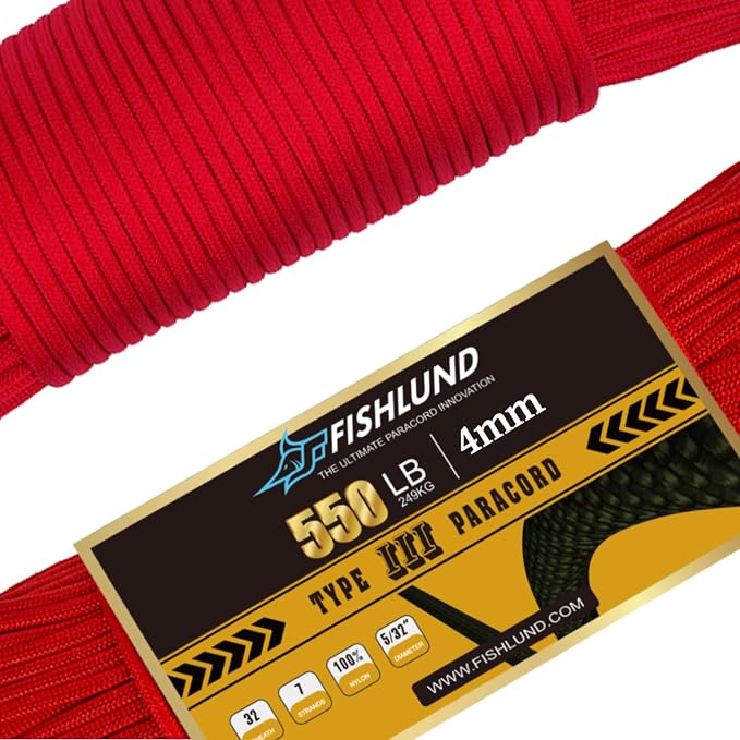 Paracord 550 lb, 7 Strand Paracord Rope 50ft 4mm, Nylon Parachute Cord by FISHLUND