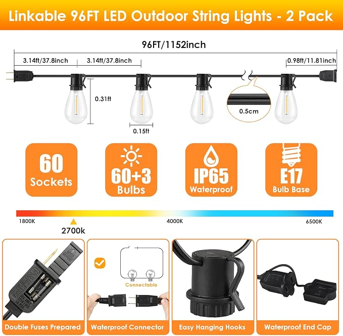 Larkvue 192FT LED Outdoor String Lights, Patio Lights - Image 3
