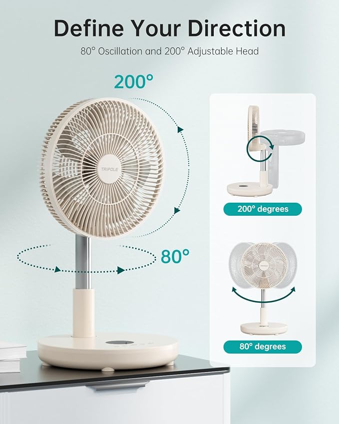 TriPole Foldable Standing Fan 12" Portable Rechargeable Battery Pedestal Fan - Image 6
